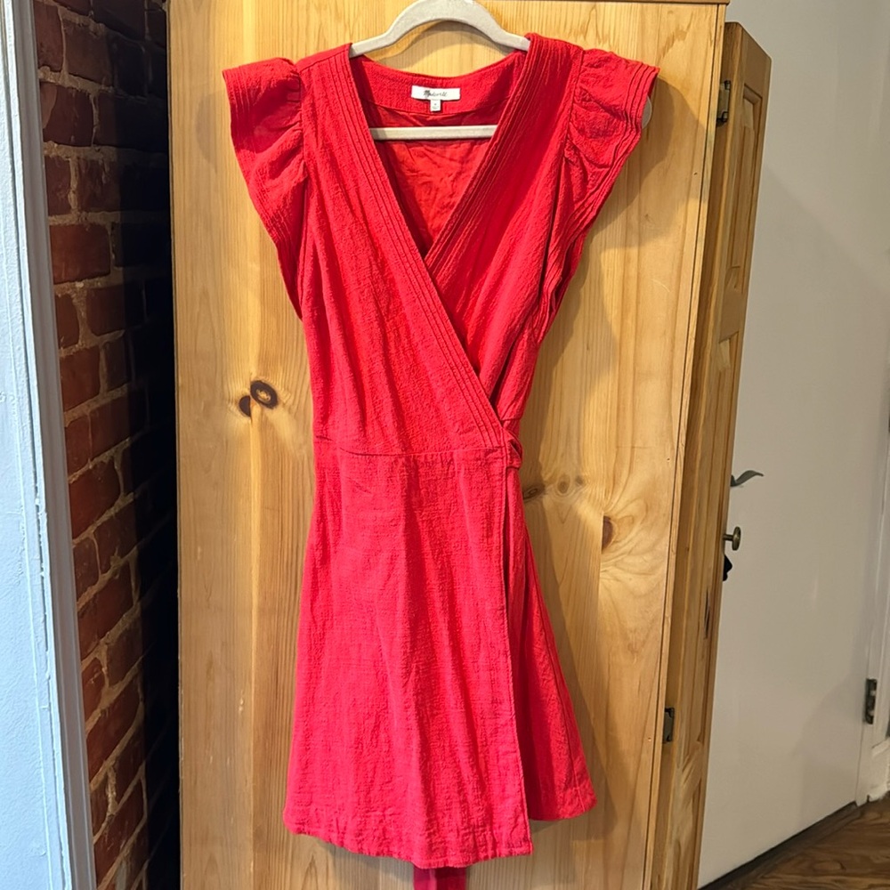 Like-New Madewell Bright Red Wrap Dress M, 100% Cotton, Flutter Sleeves